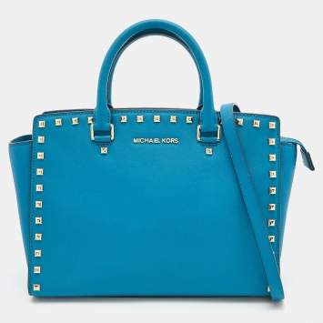 Pre Owned MICHAEL Michael Kors Blue Leather Studded Selma Satchel