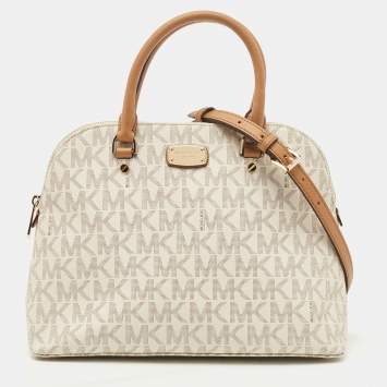 Pre Owned MICHAEL Michael Kors Off-White Signature Coated Canvas Cindy Dome Satchel