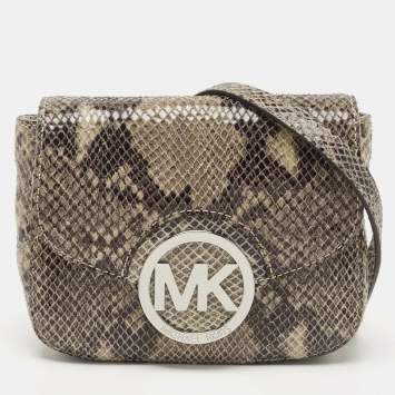 Pre Owned MICHAEL Michael Kors Black/Beige Python Embossed Leather Fulton Flap Crossbody Bag
