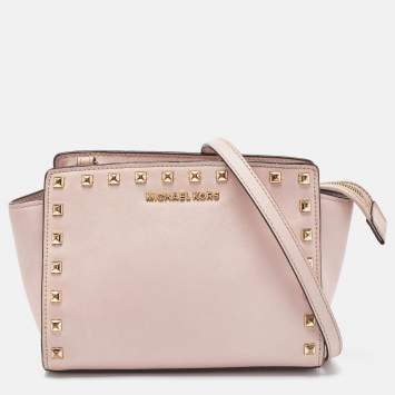 Pre Owned Michael Michael Kors Pink Leather Medium Studded Selma Crossbody Bag
