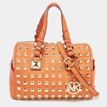 Pre Owned MICHAEL Michael Kors Orange Studded Leather Grayson Boston Bag