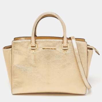 Pre Owned MICHAEL Michael Kors Gold Leather Large Selma Satchel