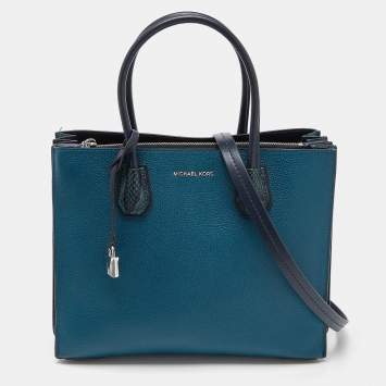 Pre Owned Michael Kors Blue Leather and Snakeskin Embossed Mercer Studio Tote