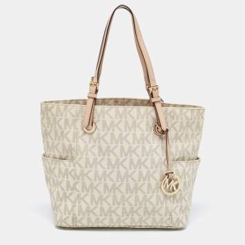 Pre Owned MICHAEL Michael Kors Off White/Beige Signature Coated Canvas and Leather Jet Set East West Tote