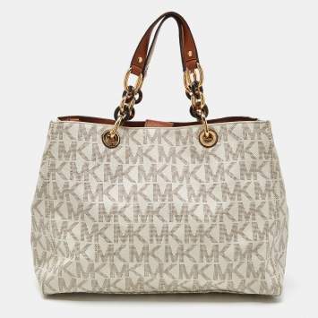 Pre Owned MICHAEL Michael Kors White/Brown Signature Coated Canvas and Leather Medium Cynthia Tote