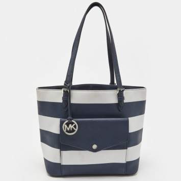 Pre Owned MICHAEL Michael Kors Blue/White Stripe Leather Jet Set Snap Pocket Tote