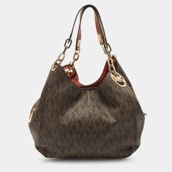 Pre Owned MICHAEL Michael Kors Dark Brown Signature Coated Canvas and Leather Fulton Hobo