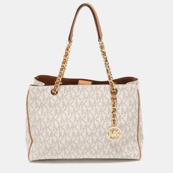 Pre Owned MICHAEL Michael Kors Vanilla/Brown Signature Coated Canvas and Leather Tote