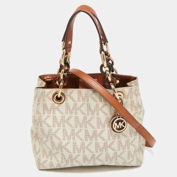 Pre Owned MICHAEL Michael Kors White/Brown Signature Coated and Leather Canvas Cynthia Tote