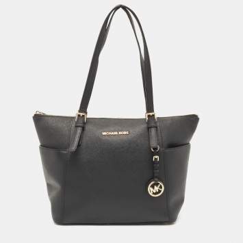 Pre Owned MICHAEL Michael Kors Black Saffiano Leather Jet Set Top Zip Tote