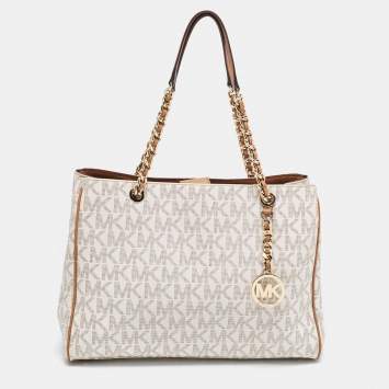Pre Owned MICHAEL Michael Kors White/Brown Signature Coated Canvas and Leather Tote