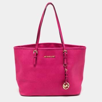 Pre Owned MICHAEL Michael Kors Pink Leather Medium Jet Set Travel Tote