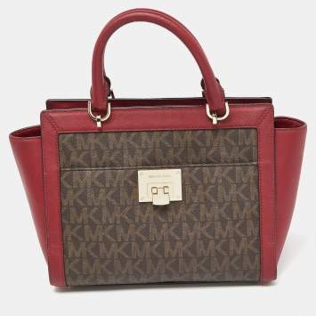 Pre Owned MICHAEL Michael Kors Brown/Red Signature Coated Canvas and Leather Tina Satchel