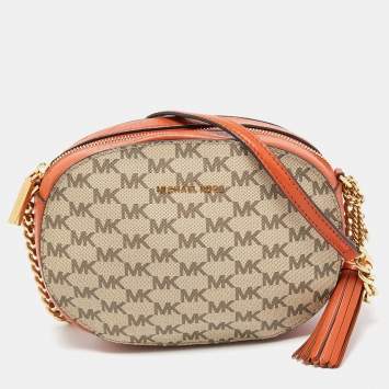 Pre Owned MICHAEL Michael Kors Orange/Beige Signature Coated Canvas and Leather Ginny Crossbody Bag