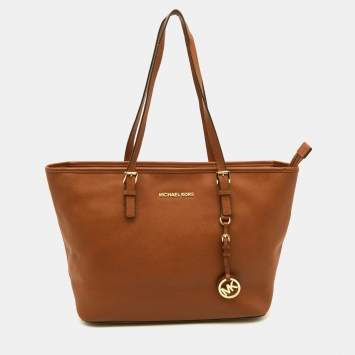 Pre Owned MICHAEL Michael Kors Brown Leather Medium Zip Jet Set Travel Tote