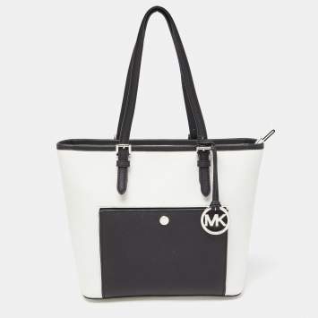 Pre Owned MICHAEL Michael Kors White/Black Leather Jet Set Snap Pocket Tote