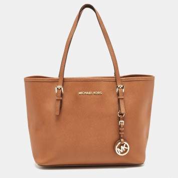 Pre Owned MICHAEL Michael Kors Brown Saffiano Leather Small Jet Set Travel Tote
