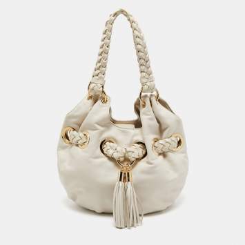 Pre Owned MICHAEL Michael Kors White Leather Woven Drawstring Hobo