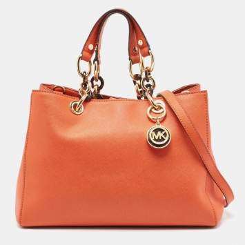Pre Owned MICHAEL Michael Kors Orange Saffiano Leather Cynthia Tote