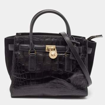 Pre Owned MICHAEL Michael Kors Black Croc Embossed Leather Hamilton Tote
