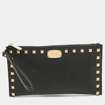Pre Owned MICHAEL Michael Kors Black Leather Studded Logo Wristlet Pouch