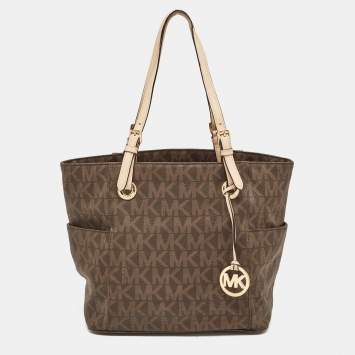 Pre Owned MICHAEL Michael Kors Dark Brown Signature Coated Canvas and Leather Jet Set Tote