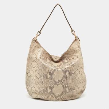 Pre Owned MICHAEL Michael Kors Beige Python Effect Suede Fulton Hobo