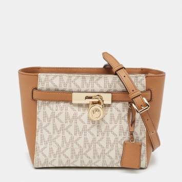 Pre Owned MICHAEL Michael Kors Tan/White Signature Coated Canvas Hamilton Crossbody Bag
