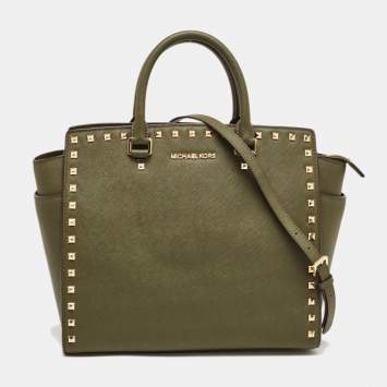 Pre Owned Michael Kors Green Studded Leather Large Selma Satchel
