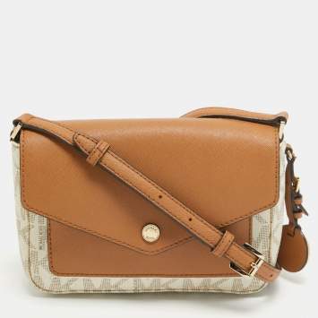 Pre Owned MICHAEL Michael Kors Beige/Brown Signature Coated Canvas and Leather Greenwhich Shoulder Bag