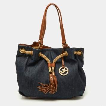 Pre Owned MICHAEL Michael Kors Navy Blue/Brown Denim and Leather Marina Drawstring Bucket Bag