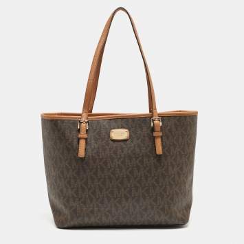 Pre Owned MICHAEL Michael Brown Signature Coated Canvas Jet Set Travel Tote