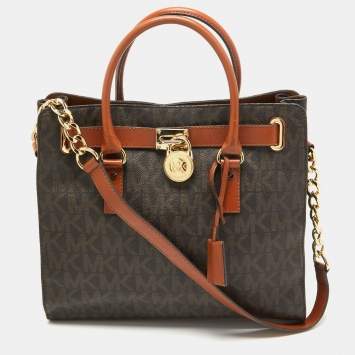 Pre Owned MICHAEL Michael Kors Brown Signature Coated Canvas Large North South Hamilton Tote