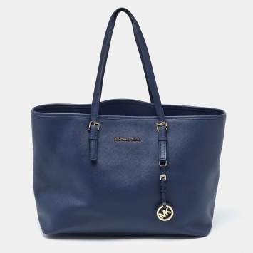 Pre Owned MICHAEL Michael Kors Navy Blue Leather Large Jet Set Travel Tote