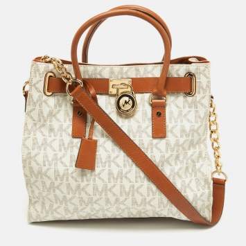 Pre Owned MICHAEL Michael Kors Brown/White Signature Coated Canvas Large Hamilton North South Tote