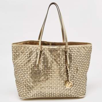 Pre Owned MICHAEL Michael Kors Gold Laser Cut Leather Jet Set Travel Tote