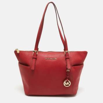 Pre Owned MICHAEL Michael Kors Red Saffiano Leather Jet Set Top Zip Tote