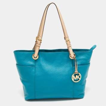 Pre Owned MICHAEL Michael Kors Teal Blue/Beige Leather Jet Set Tote