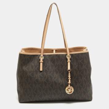 Pre Owned MICHAEL Michael Kors Dark Brown Signature Coated Canvas Large Jet Set Travel Tote