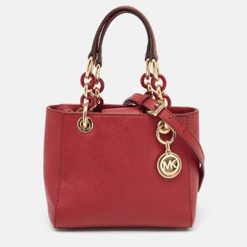Pre Owned MICHAEL Michael Kors Red Leather Mini Cynthia Tote