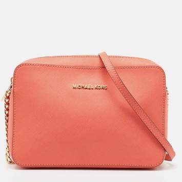 Pre Owned MICHAEL Michael Kors Peach Saffiano Leather Jet Set Camera Crossbody Bag