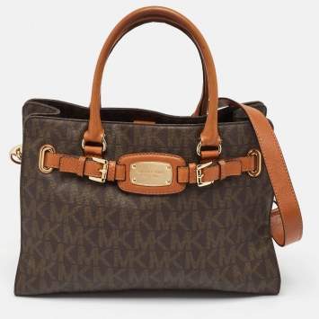 Pre Owned MICHAEL Michael Kors Dark Brown Signature Coated Canvas Large East West Hamilton Tote