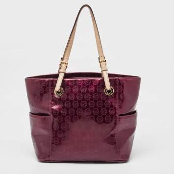 Pre Owned MICHAEL Michael Kors Burgundy Signature Patent and Leather Middle Zip Tote