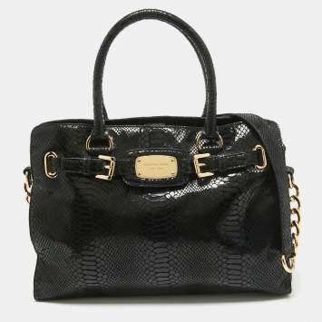 Pre Owned MICHAEL Michael Kors Black Phyton Effect Suede East West Hamilton Tote