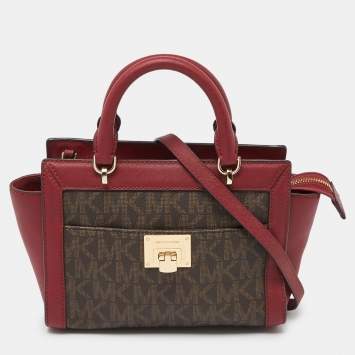 Pre Owned MICHAEL Michael Kors Brown/Red Signature Coated Canvas and Leather Tina Tote