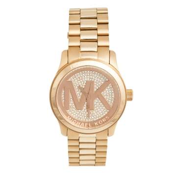 Pre Owned Michael Kors Champagne Rose Gold Plated Stainless Steel Runway MK-5661 Women's Wristwatch 45 mm