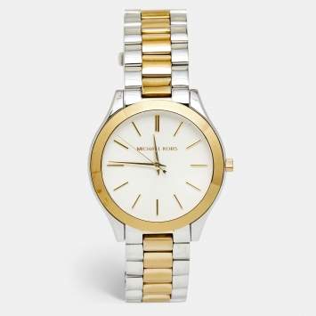 Pre Owned Michael Kors White Two-Tone Stainless Steel Slim Runway MK3198 Unisex Wristwatch 40 mm