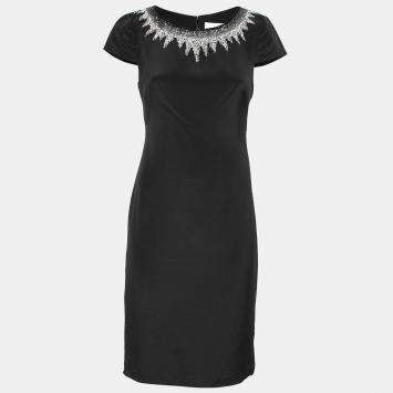 Pre Owned Mikael Aghal Black Silk Embellished Neckline Detail Dress S