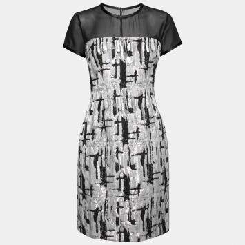 Pre Owned Mikael Aghal Black and Silver Textured Jacquard Dress S 