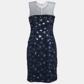 Pre Owned Mikael Aghal Navy Blue Rosette Applique Embellished Sheer Yoke Sleeveless Dress S